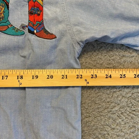 Casey Coleman Cotton Shirt Women's XL Blue Embroidered Cowboy Boots Button Up - Picture 9 of 11